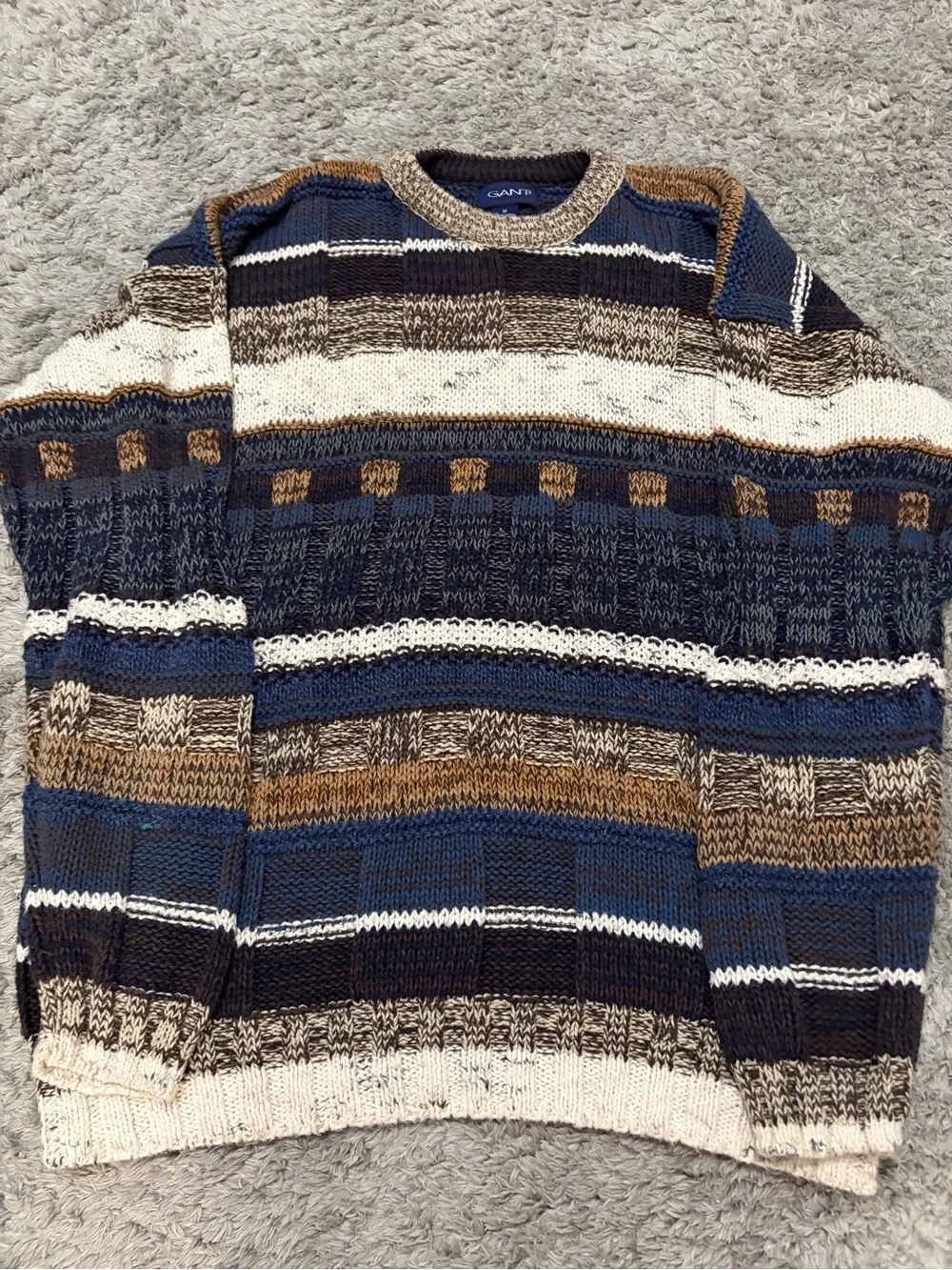 Vintage 90s GANT USA Chunky Geometric Knit Cotton Sweater Medium.